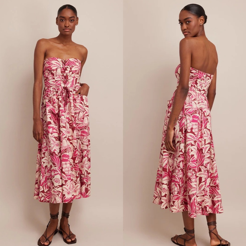 NEW NWT Cara Cara Nicola Strapless Midi Dress In Tropical Harvest Pink